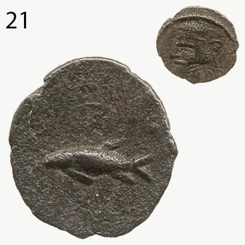 سکه برنزی با نقش ماهی- اردوان دوم- پارتی