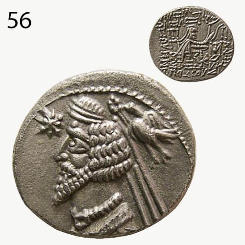 سکه با نقش شاهین نشسته بر شانه پادشاه - شاه فرهاد چهارم- پارتی