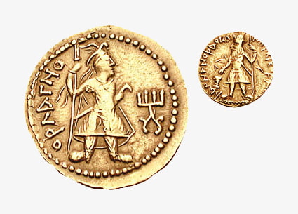 نگاره ایزد بهرام (وارغنٍ، ورثرغن) بر پشت سکه زرین شاه کانیشکا- کوشانی