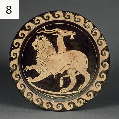 بشقاب سفالی با نقش کیمرا (جانوری با تن شیر و دو سر شیر و بز)- یونان